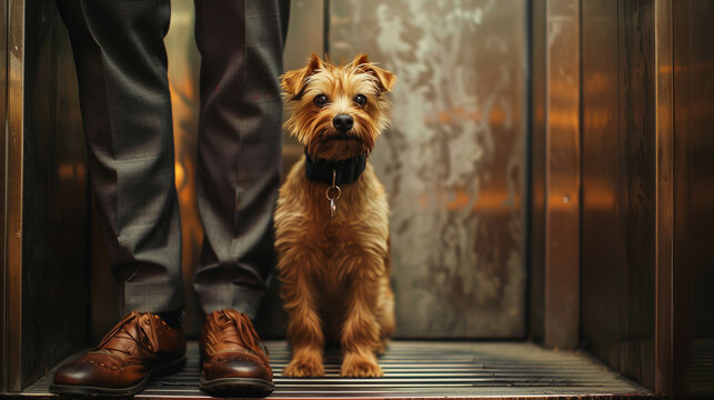 a man in a suit and a dog in an elevator, focus on the dog