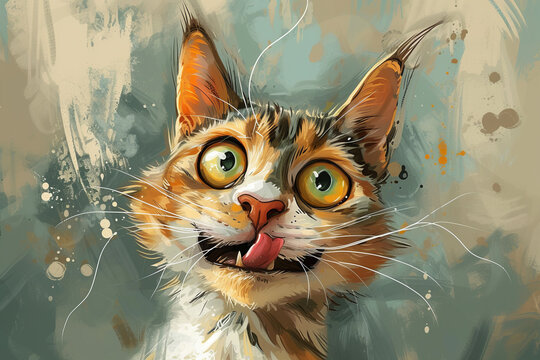 Humorous and exaggerated cat caricature, fun twist on pet portrait