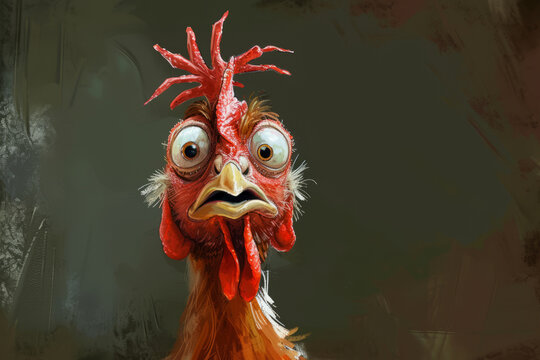 Humorous and exaggerated chicken caricature, fun twist on pet portrait