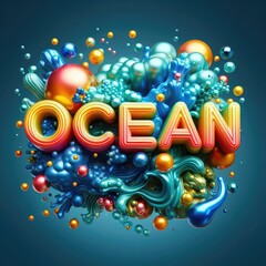 Ocean text design. Colorful 3D liquid text composition with soft shapes.