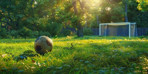 Sunlit soccer field with a single ball at the center, evoking a peaceful game day - obrazy, fototapety, plakaty