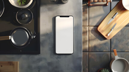 Isolated smartphone device on the kitchen tablet with food meal at home with blank empty white screen, communication cooking technology concept