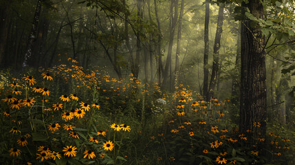 Black-eyed Susan creating an oasis in a backyard, employing cinematic framing to emphasize the...