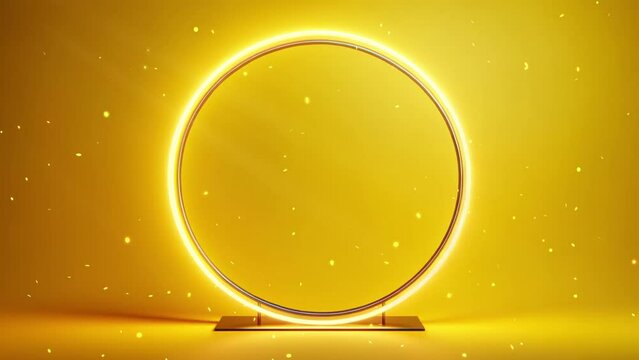 Round frame with neon lighting on a yellow background with gold sparkles.
