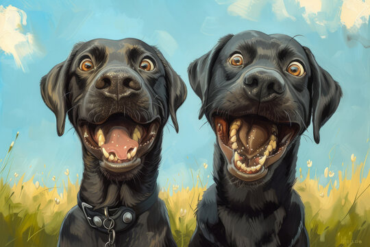 Two humorous and exaggerated Labradors caricatures, fun twist on pet portraits