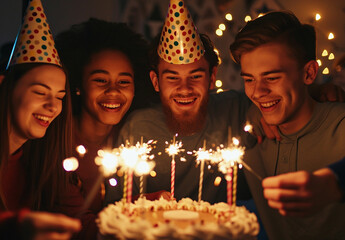 Group of cheerful young people in cone party hats wishing happy birthday to their friend who's about to blow candles on his birthday cake during celebration at home