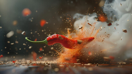 Red hot chili pepper with a smoke from it on a red background. Spicy and hot concept. Food, cooking or spicy hot design element or background with copy space - obrazy, fototapety, plakaty