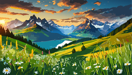 Alpine landscape with beautiful mountains and flowers, Ai generated - obrazy, fototapety, plakaty
