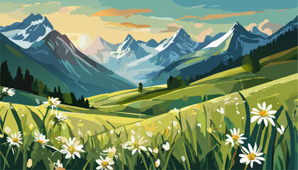 Alpine landscape with beautiful mountains and flowers, Ai generated