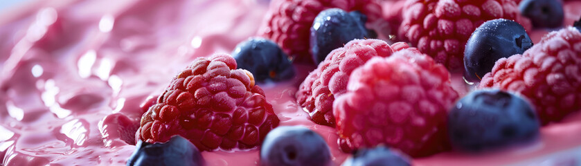 Close-up view of juicy raspberries and blueberries with a vivid pink hue, showcasing their fresh,...