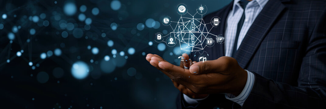 businessmans hand holding internet icons