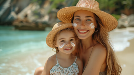 Mother and daughter with sun cream on face at tropical beach. Summer vacation concept