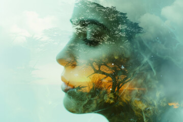 Double exposure abstract art of person head and nature
