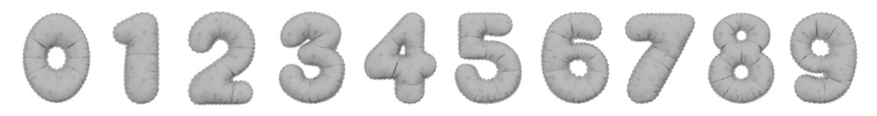 3D Helium Balloon Numbers collection from 0 to 9 with white cotton flower texture
