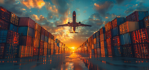 Cargo airplane flying above stack of logistic container - obrazy, fototapety, plakaty