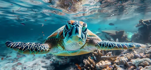 Gordijnen Vibrant sea turtle swimming over coral reef in clear blue ocean water. © GreenMOM