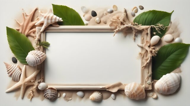 frame made of seashells,,Summer beach holiday vacation concept, photo frame and seashell decoration mockup 