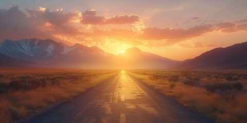 Sunset road trip through serene desert landscape offers a sense of adventure