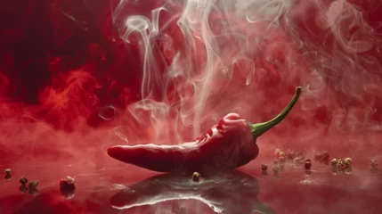 Gordijnen Red hot chili pepper with a smoke from it on a red background. Spicy and hot concept. Food, cooking or spicy hot design element or background with copy space © kaneez