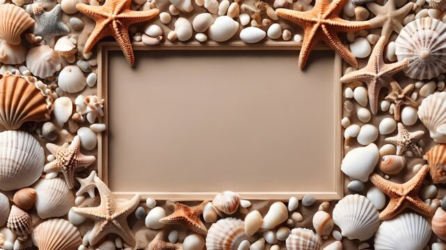 frame with seashells frame mockup on the beach, 3d render