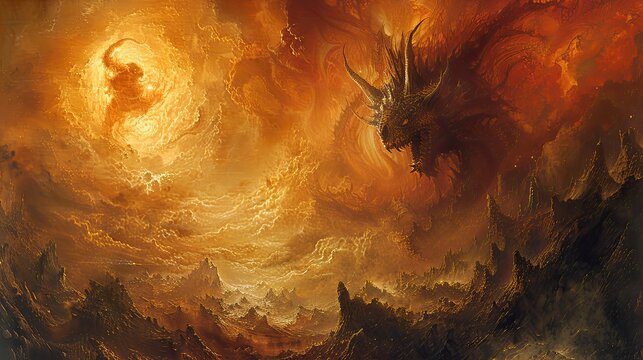 Scary demon and a satan in an angry scene, in the style of otherworldly landscapes, dark orange, red and light gold, 32k uhd, mind-bending murals, apocalypse landscape, fractals