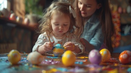 Fototapeta na wymiar Little girl with mother Painting Easter eggs closeup view