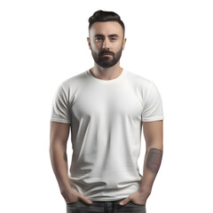 Handsome bearded man in white t shirt isolated on white background