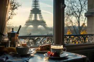 Fotobehang French Breakfast with a View: Eiffel Tower and Paris Cityscape from Table © AIGen
