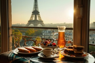 Parisian Breakfast with a View: Eiffel Tower and French Delights - obrazy, fototapety, plakaty