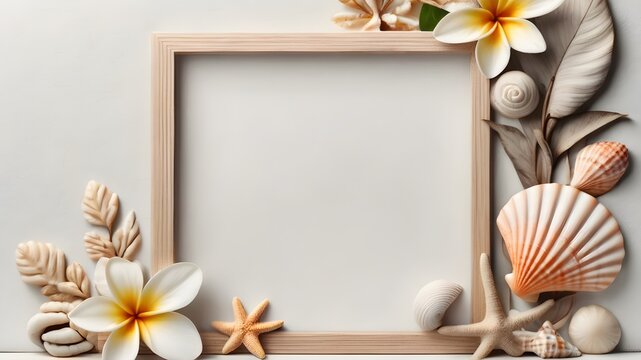 frangipani flower frame on wooden background,Summer beach holiday vacation concept, photo frame and seashell decoration mockup 