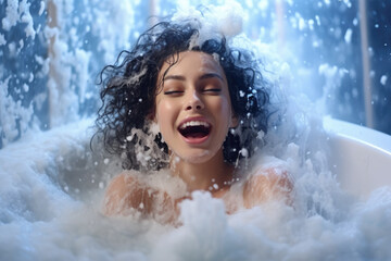 Happy girl bathes in a bathtub white foam on her face - obrazy, fototapety, plakaty