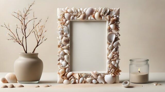 Frame mock up with flower and sea shell background for poster or photo frame for bloggers, social media, lettering, design. Indoor, frame on table with flowers in jug. Summer sea mood