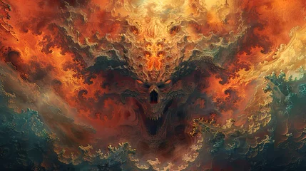 Tuinposter Baksteen Scary demon and a satan in an angry scene, in the style of otherworldly landscapes, dark orange, red and light gold, 32k uhd, mind-bending murals, apocalypse landscape, fractals