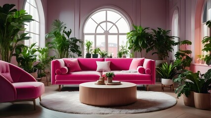 Interior of pink  modern living room,Interior of pink living room  with plants