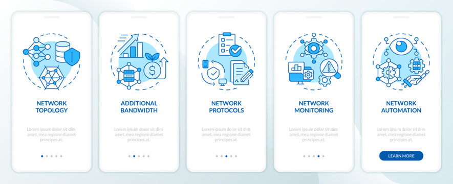 Practices for managing networks blue onboarding mobile app screen. Walkthrough 5 steps editable graphic instructions with linear concepts. UI, UX, GUI template. Myriad Pro-Bold, Regular fonts used