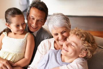 Hug, grandparents and grandchildren with smile for family, photo and multi generation bonding....