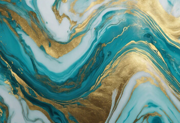Acrylic Fluid Art Blue aquamarine waves and gold inclusion Abstract marble background or texture