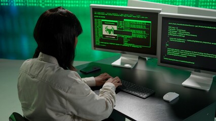 IT specialist against big digital screen. Back view african american woman programmer works on computer, screen digital code data process.