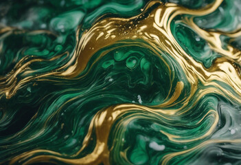 Acrylic Fluid Art Dark green waves in abstract ocean and golden foamy waves Marble effect background