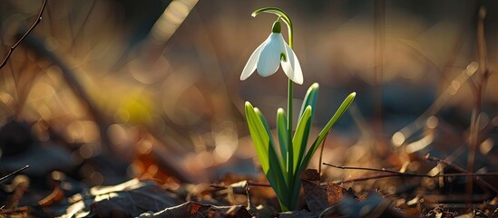 A small white snowdrop flower emerges from the ground, representing early spring.