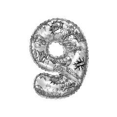 3D Helium Balloon Number 9 with black & white comic cartoon action hero texture