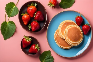 Top view of delicious pancakes with strawberries on colorful plate.
