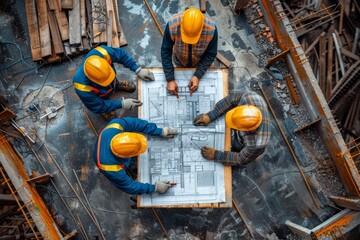 Team of engineers working on a construction site with blueprints