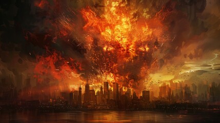 dramatic image capturing a catastrophic explosion in a city, with the fiery blast illuminating the skyline and casting an eerie glow on the towering buildings