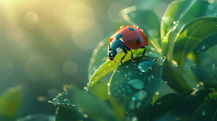 A ladybug, with lush green foliage as the background, during a dewy morning