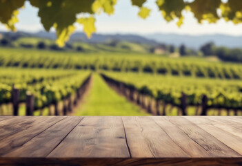 Empty wooden table with vineyard background Selective focus on tabletop