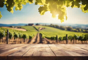 Empty wooden table with vineyard background Selective focus on tabletop