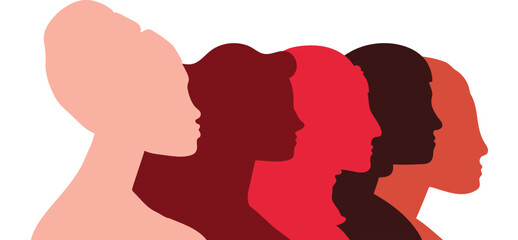 Silhouette of a group of multiethnic people. Racial equality in a multicultural society. Anti-racism concept. Profile silhouettes of different people