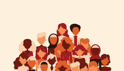 Women of different races and age standing together. Profile silhouettes of female characters with various skin colors and hair styles. Minimal flat style illustration. Feminism movement concept