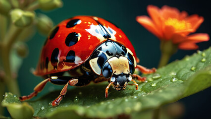 Fototapeta premium Close-up of a ladybug on a green leaf. Selective focus.